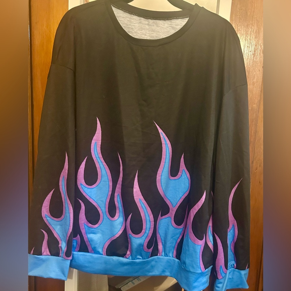 EUC Black Top with Blue and Purple Flame Design
